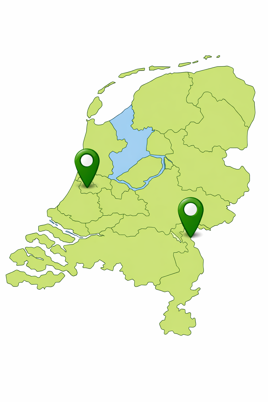 Kaart van Nederland met groene pins in Amsterdam en Nijmegen, de twee vestigingen van Reijck Credit Service — gespecialiseerd B2B‑incassobureau met Justis‑vergunning.