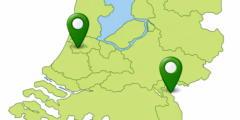 Kaart van Nederland met groene pins in Amsterdam en Nijmegen, de twee vestigingen van Reijck Credit Service — gespecialiseerd B2B‑incassobureau met Justis‑vergunning.